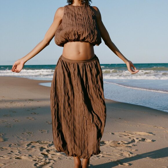 NWT ZARA WRINKLED EFFECT BALLOON MIDI SKIRT BROWN 7969/027 Sz-M - Picture 1 of 5